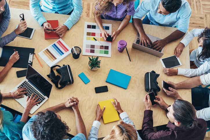 High angle view of a group of businesspeople around a table